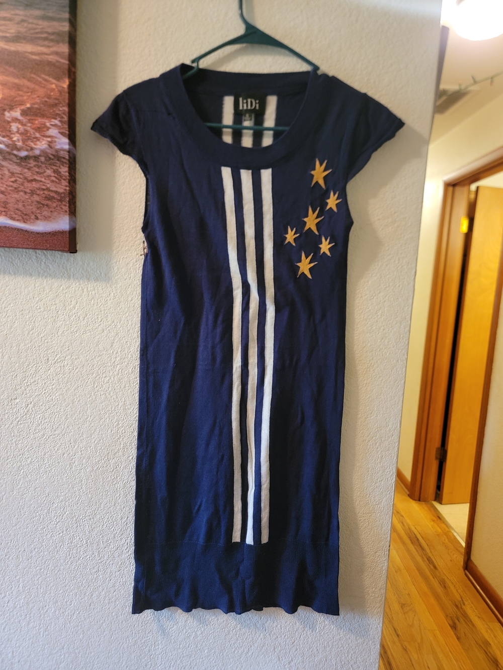 Women's Navy Midi Dress with White Stripes & Gold Star Accents